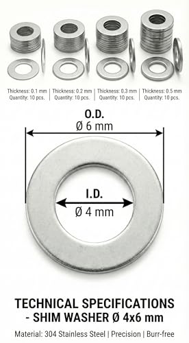 4x6mm Shim Washers Stainless Steel 40pc 0.1-0.5mm 4mm ID - size: 4x6