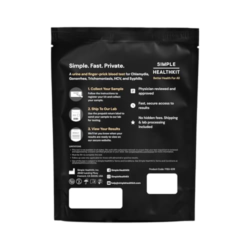 Simple HealthKit At-Home 5-Panel STD Test Kit for Chlamydia, Gonorrhea, Trichomoniasis, HCV & Syphilis - STD HCV Test Kit - Free Follow-Up/Telehealth & High Quality Lab Results
