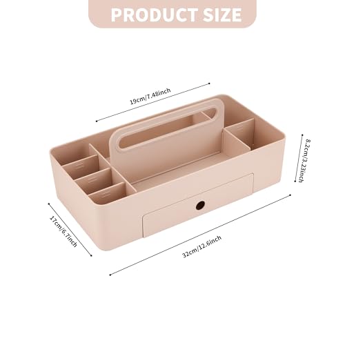 Multipurpose Caddy Organizer with Handle -8 Compartments and 1 small drawer - Art Craft Supplies, Office, Desk, Stationery Pen Holder, Makeup, Bathroom, Shower, Cleaning, Dorm Organizer - Pink