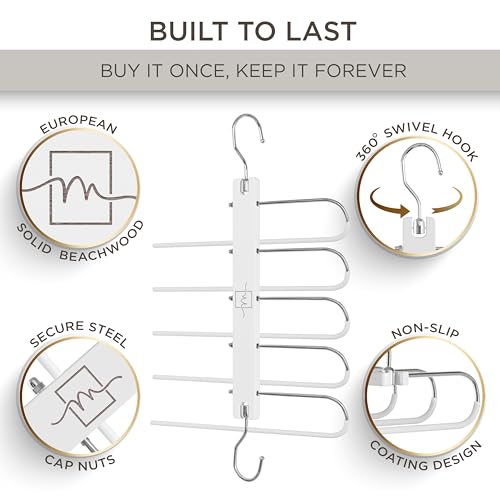 MORALVE Pants Hangers Space Saving - 2 Pack European Beechwood Scarf and Jean Hangers - Closet Organizer and Space Saver Pant Rack, Leggings Hanger, and Scarf Holder with 360° Swivel Hook - color: White, size: 2 Pack
