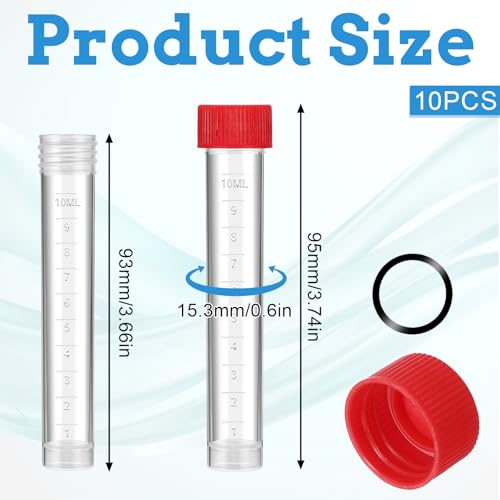 10ml Plastic Vials, 10 Pcs Plastic Tubes with Caps Frozen Test Tubes Sample Tube for Laboratory and School Educational, PP Material (Red) - color: red