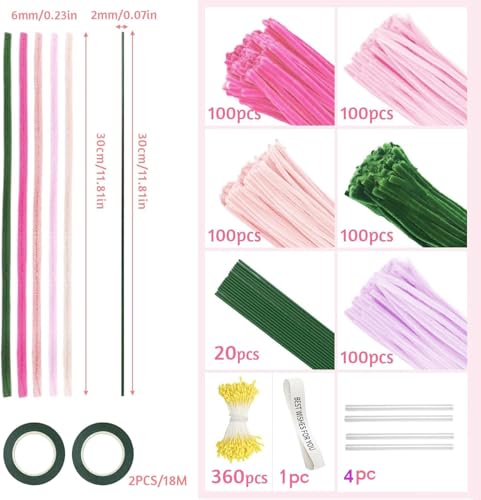 500 Pcs Pipe Cleaners Flower Kit,5 Colors Chenille Stems with Guide&Tools - color: Pink