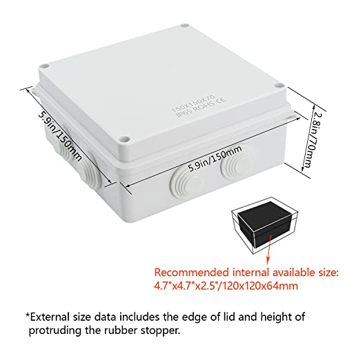 LeMotech ABS Plastic Dustproof Waterproof IP65 Junction Box Universal Electrical Project Enclosure White 5.9 x 5.9 x 2.8 inch (150 x 150 x 70 mm) - size: 5.9" x 5.9" x 2.8" (1pc)