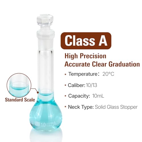10 ml Volumetric Flask,Clear,3.3Borosilicate Glass,Class A,NS10/13 Glass Stopper,Laboratory Project (Pack of 2) - color: Clear, size: 10ml