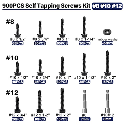 900PCS #8#10#12 Self Tapping Screws for Metal, 410 Stainless Steel Hex Washer Head Self Drilling Sheet Metal Screws Assortment Kit with Rubber Washers - color: Black