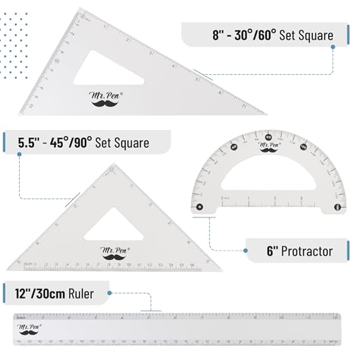 Mr. Pen- Metal Geometry Kit, 4 Pack, 45° & 30°/60° Set Squares - color: Silver