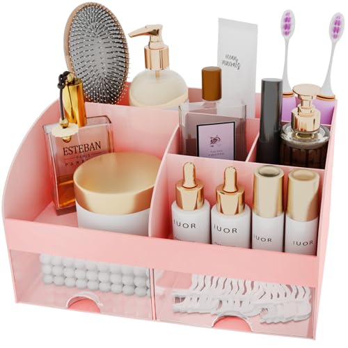 Makeup Organizer with Drawers, Cosmetic Storage for Dresser Vanity and Bathroom Countertop, Beauty Holder for Lipstick Brush, Skincare Organizer for Vanity, Cosmetic Display Case (Pink) - color: Pink-1Pack