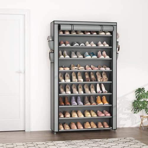LANTEFUL Shoe Rack with Covers 10 Tier Tall Shoe Rack Organizer Large Capacity Shoe Shelf Storage 40 Pairs Space Saving Free Standing Shoe Storage Organizer for Closet, Entryway, Dorm, Grey - color: Grey, size: 10 Tier - 33.8"W