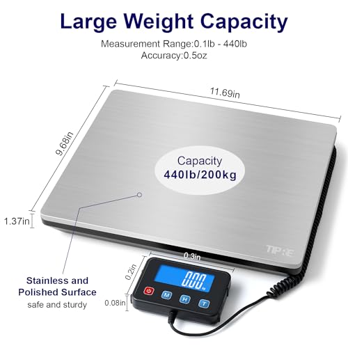 TIPRE Shipping Scale 440lbs for Packages, Heavy Duty Digital Postal Scale with LCD Display 0.35 oz High Precision Express Scale with Type-C Charging & Batteries Smart Hold/Tare for Small Business Home - size: 440lb- Silver Stainless Steel
