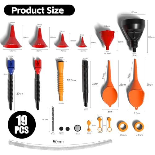 KJE 19 Pcs Automotive Funnel Set, Spout Replacements, Plastic Wide Mouth Transmission Funnels, Flexible Oil Funnel Kit for Automotive Use