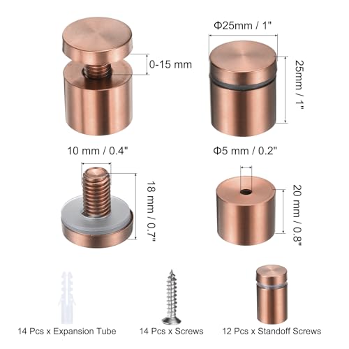 uxcell 12 Pcs 1" x 1" Standoff Screws Stainless Steel Wall Mount Sign Mounting Hardware Kit with 14pcs Screws for Hanging Acrylic Glass Signs Advertising Boards, Rose Gold - color: Rose Gold, size: 1" x 1"