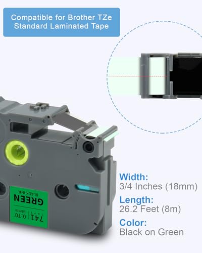 3-Pack 18mm 0.7" Black on Green Label Tape Compatible for Brother Tze741 - color: Black on Green