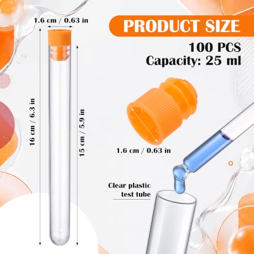 Hoteam 100 Pack Plastic Test Tubes with Caps, 25ml/6" Clear Tubes Vials - color: Orange Lid