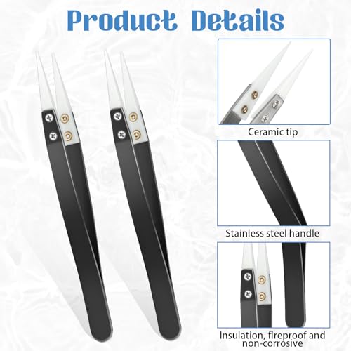 6pcs Ceramic Tweezers Stainless Steel Ceramic Precision Tweezers for Electronics, Non-Conductive Anti Static High Temperature Resistant Fine Point Tweezer for Precision Electrical Operation, Black