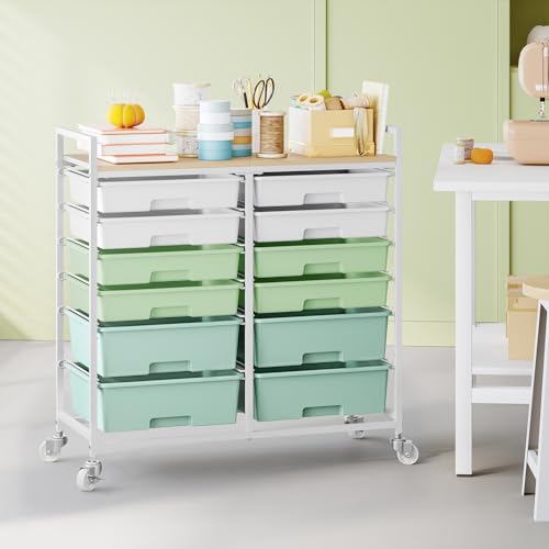 TOOLF 12 Drawers Rolling Storage Cart with Wooden Top for Classroom,Green - color: Green