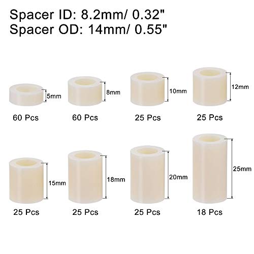 uxcell 8 Sizes 263pcs ABS Round Spacer Assortment Kit ID 8.2mm OD 14mm