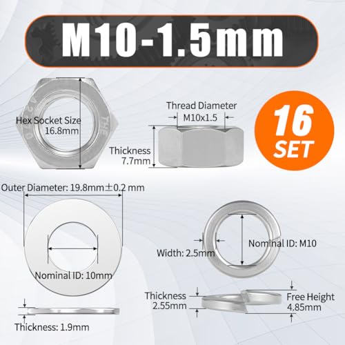 M10 Nuts and Washers Assortment Kit, Hex Nut Spring Washer Flat Washer - color: steel gray, size: Metric M10