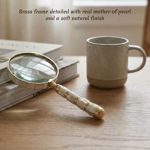 Mother-of-Pearl Magnifying Glass | 10x Magnification Loupe | Handmade Brass Magnifier with 4 Inch Glass Lens Antique Style for Reading, Elderly Vision, Inspection, Collectors & Vintage Decor Gift - style: Mother of Pearl