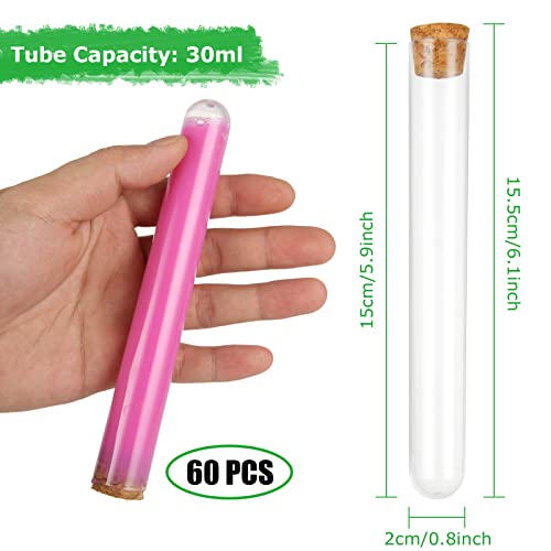 Plastic Test Tubes with Cork Stoppers, 60 PCS Clear 35 mL Test Tube Set, 0.8 x 5.9 in Round Bottom Tubes for Bath Salt, Candy, Beads, Powder, Party Favors and Lab Storage