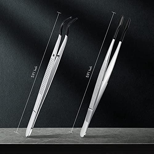 Honoson 2pcs Tweezers with Rubber Tips Set Bent and Straight, Silver, Black - color: Silver, Black