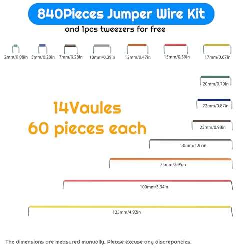 14 Vaules 840 Pieces of solderless Flexible breadboard Connecting Wire, Cable breadboard Jumper kit 2-125mm (840pcs+4pcs Crocodile Clips)