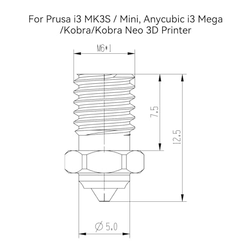 Tungsten Carbide Tip Bimetal V6 Hardened Steel Nozzle 0.6mm for Prusa i3 MK3S / Mini, i3 Mega/Kobra/Kobra Neo 3D Printer