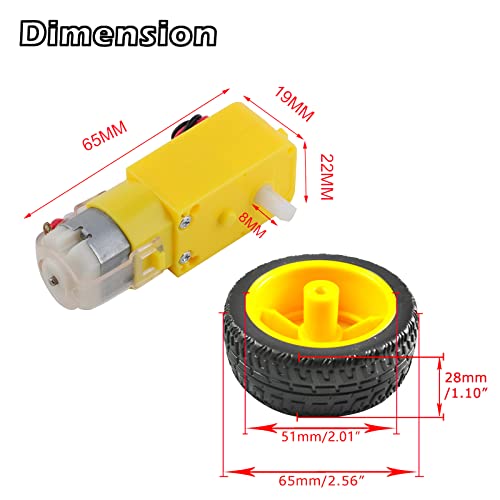 2pcs DC3-6V TT Motor 1:48 Reduction Ratio 200RPM Dual Shaft Gearbox with Hookup Wires Male Dupont Connector + 2pcs 65mm Tire Wheel for Arduino Micro:bit Smart Car Chassis Robotics DIY Project