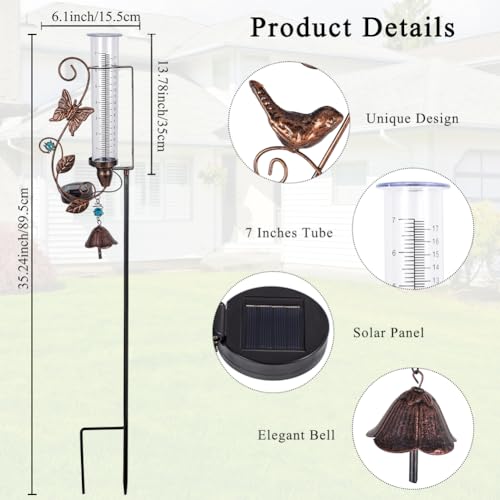 Solar Rain Gauge Outdoor, 7 Inch Tube Hummingbird Rain Gauges - color: Hummingbird