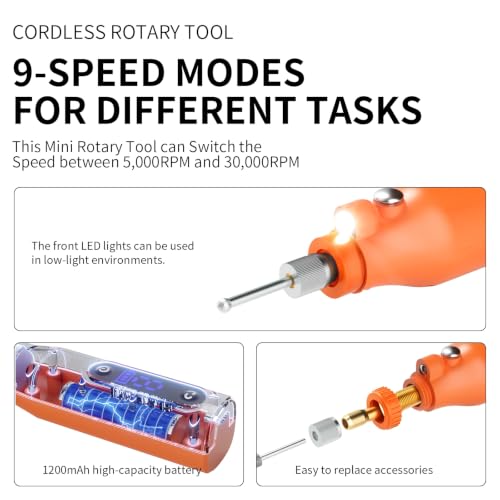Cordless Rotary Tool Kit - 9-Speed Adjustable with USB Charging | Multi-Purpose Engraving Pen for Sanding, Polishing, Drilling & DIY Crafts | Includes 3D Printing Accessories (Orange with Light) - color: Orange With Light