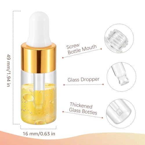 Kesell 15 pack 3ml Clear Dropper Bottle Set - Mini Glass Vials Essential Oil Bottles with Eye Dropper - Travel Size Container for Perfume, Cosmetics, Empty Tiny Smaple Vial (Gold Cap) - style: 3ml