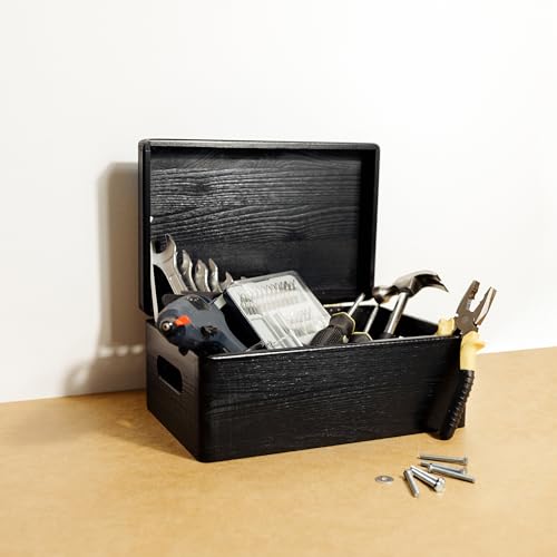 Creative Deco Large Black Wooden Box Storage with Hinged Lid - color: Black, size: L | Handles