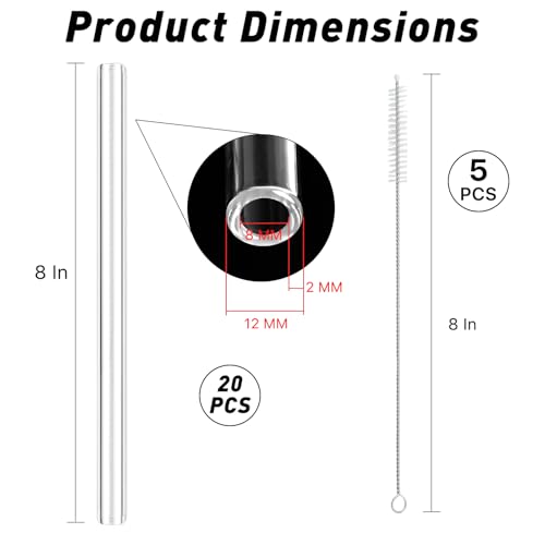 20 Pieces 8 Inches Long Clear Glass Tubes for Art DIY Laboratory, 12mm OD 8mm ID 2mm Thick Wall Glass Borosilicate Blowing Tubing with 5 Cleaning Brush