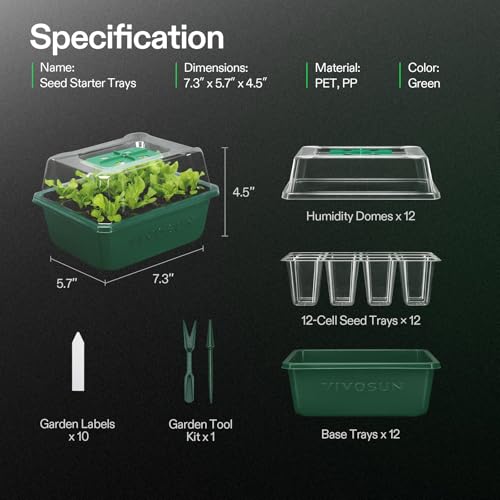 VIVOSUN 24-Pack Seed Starter Trays, 144-Cell Seed Starter Kit with Humidity Dome, Flat Reusable Plant Germination Trays with Drain Hole, Green Propagation Tray for Planting Seeds - size: 24-Pack 144-Cell, style: Trays