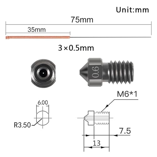 Aokin 3 Pcs 0.6mm Hardened Steel Nozzles Extruder Nozzles 3D Printer Nozzles for E3D V5 V6 and 3 Pcs 0.5mm Stainless Steel Nozzle Cleaning Needles for 1.75mm Filament 3D Printer with Wrench - color: 0.6mm