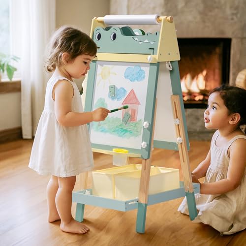 ROBOTIME Alligator Easel for Kids - 3-in-1 Adjustable Height Wooden Children Easel with Magnetic Whiteboard, Chalkboard & Paper Roll Holder, Fun Kid's Art Station for Boys & Girls Ages 3~12 Years