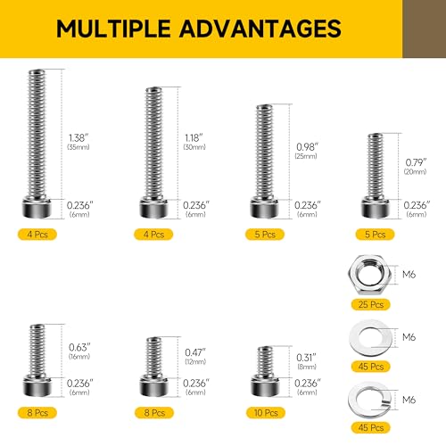 Mywish 159-Piece M6 Screw Assortment Kit, Stainless Steel Hex Socket Head Cap Screws, Bolts, Washers, Nuts, Hex Wrenches M6*8/12/16/20/25/30/35mm - color: SIiver, size: 159Pcs M6