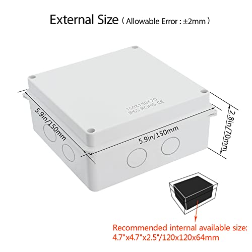 LeMotech Junction Box, Electrical Box IP65 Water Resistant Dustproof ABS Plastic Project Enclosure for Electronics White 5.9 x 5.9 x 2.8 inch - size: 5.9"x 5.9"x 2.8"
