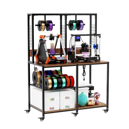 Double 3D Printer Stand with Filament Storage, Heavy-Duty Metal & MDF Dual Printer Workbench, T-Type Filament Holders, Lockable Wheels, Mobile 3D Printing Workstation for Home Studio & Workshop - size: Double