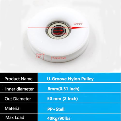 2 PCS 50mm U Groove Nylon Ball Bearing Guide Pulley Wheels Roller Pulleys for Lifting for 6, 8,10mm Rope, 608zz Bearing - size: 50mm(2pcs)