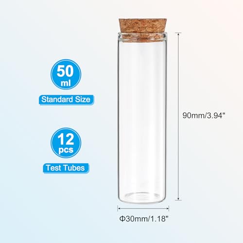 PATIKIL 50ml Test Tubes, 12pcs 3.94x1.18 Glass Clear Flat Bottom Test Tube Containers with Cork Stopper for Bead Party Candy Bath Salt Storage Scientific Experiment Plant Propagation - size: 50ml