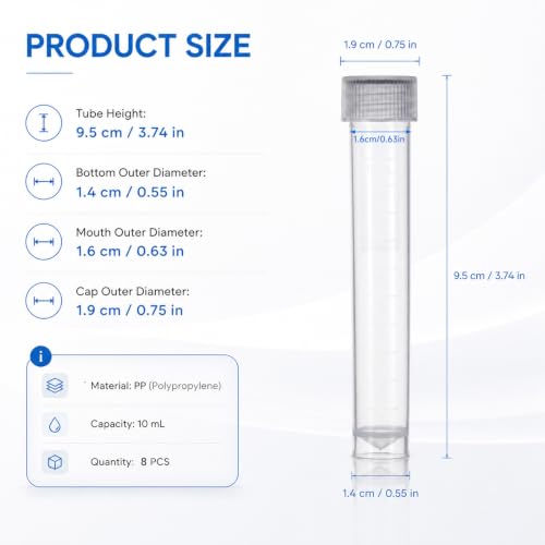 8pcs 10ml Plastic Test Tubes with Screw Caps, Frozen Test Tubes Sample Tube