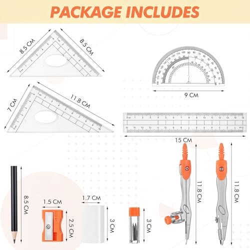 Zonon 10 Pcs Math Geometry Set for Student Compass Protractor, Orange - color: Orange