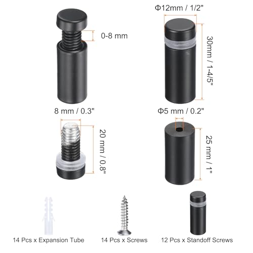 uxcell 12 Pcs 1/2" x 1-1/5" Standoff Screws Stainless Steel Wall Mount Sign Mounting Hardware Kit with 14pcs Screws for Hanging Acrylic Glass Signs Advertising Boards, Black - color: Black, size: 1/2" x 1-1/5"