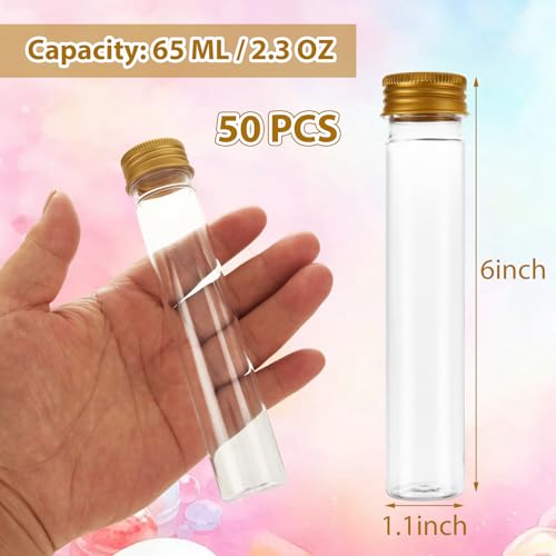50 Pcs Plastic Test Tubes with Caps, Clear Test Tube Set, 2.2 fl Oz PET Flat Bottom Bath Salt Containers with Gold Screw Caps, 5.9 x 1.1 in Candy Vials - color: GOLD LIDS