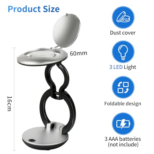 10X Lighted Magnifying Glasses for Close Work, Compact Foldable Magnifier for Reading Fine Print, Miniatures, Coins, Jewelry - size: 60mm
