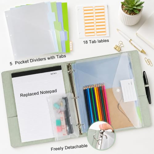 3 Ring Binder with Clipboard,1 Inch Binders with Notepad&5 Dividers with Pockets, Pen Holder, Linen Clipboards for School Office(Green Tulip, Letter Size) - color: Green Tulip, size: 1 Inch