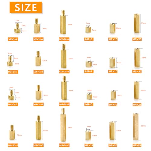 Junchen 210 Pieces M2 M3 M4 M5 Male Female Hex Brass Spacers Standoffs Screws Nuts Assortment Kit - size: M2 M3 M4 M5