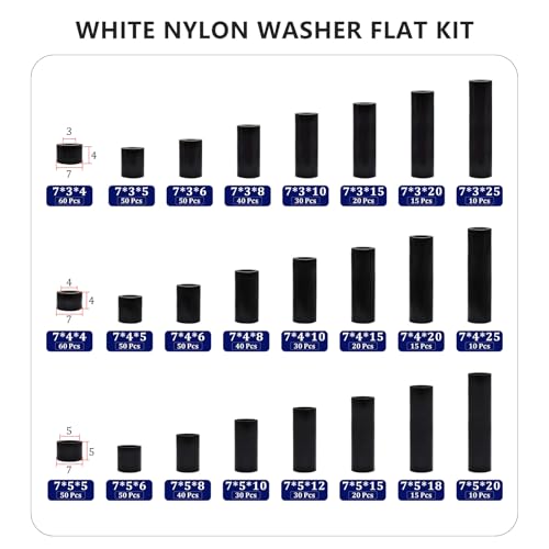 795Pcs Nylon Round Spacer Non-Thread Plastic Standoff Assortment Kit Black Nylon Spacer Washers for Protect Accessories On Circuit Boards Od 7mm Id 3/4/5mm Length 4/5/ 6/8/ 10/15/18/20/ 25mm