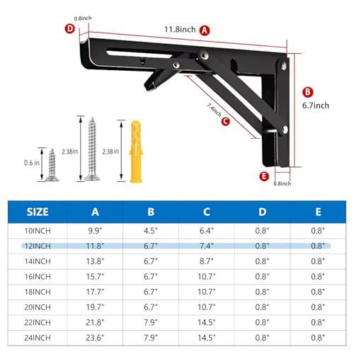 Folding Shelf Bracket 12 inch 2PC Wall Mounted Collapsible Shelves Brackets Heavy Duty Foldable Workbench Bracket DIY Wall Table Hinges for RV Countertop Extension Gargage Workstation Table Supports - size: 12 Inch