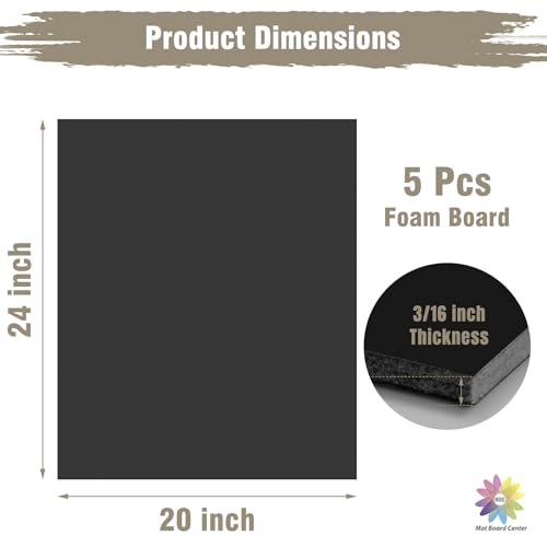 Mat Board Center 20x24 Black Foam Boards Pack of 5, 3/16" Thick - color: Black, size: 20x24